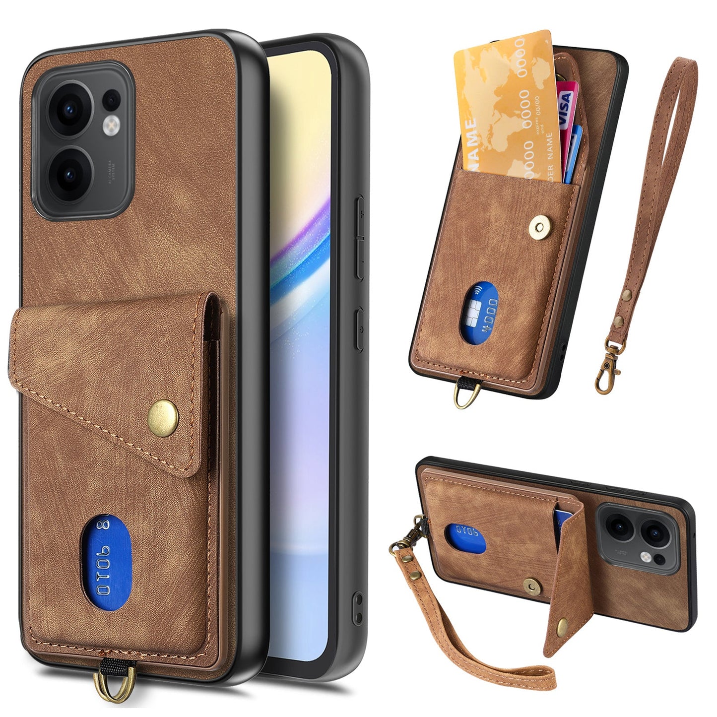 For Oppo Reno13 F 5G Case with Card Holder Kickstand Leather Phone Back Cover - Brown