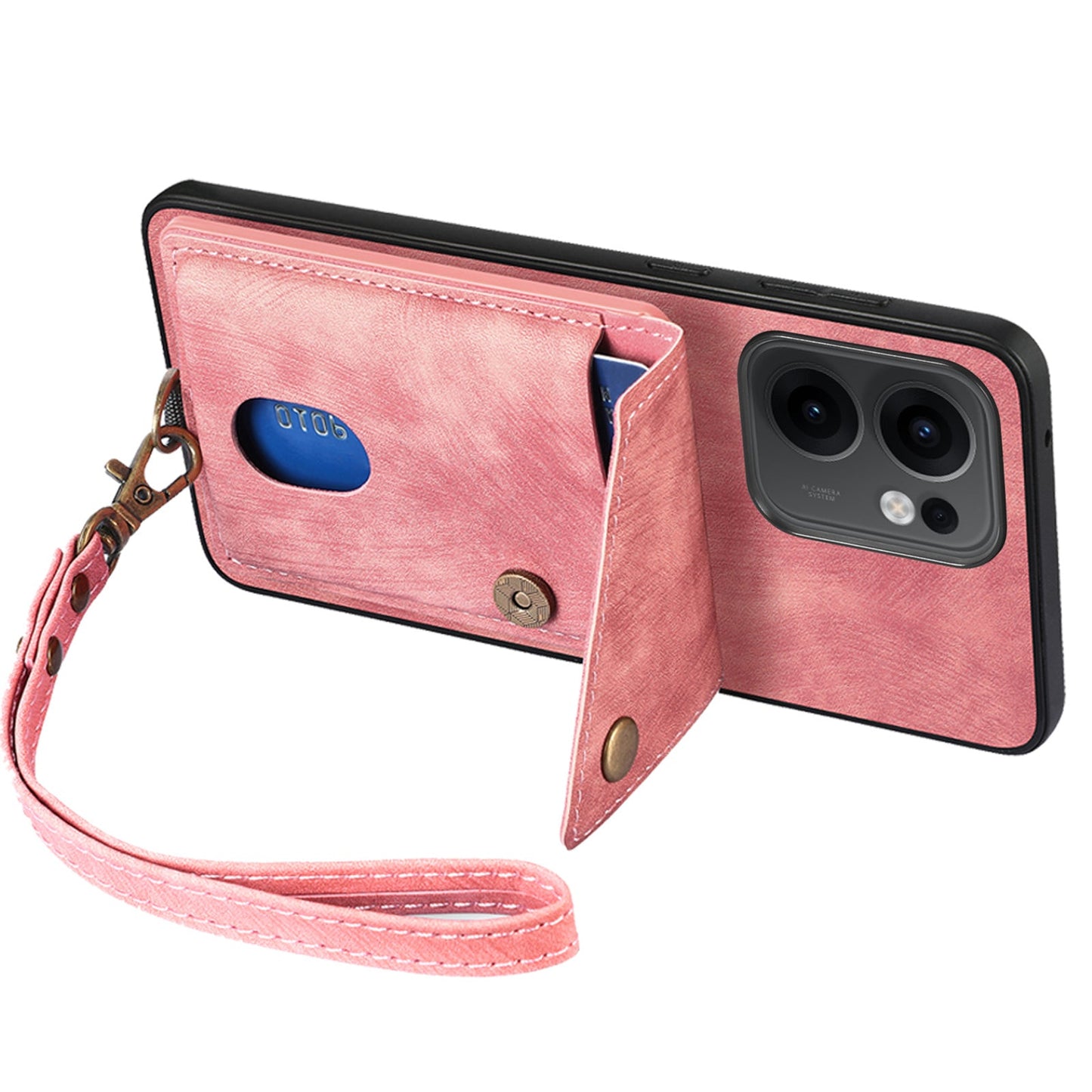 For Oppo Reno13 F 5G Case with Card Holder Kickstand Leather Phone Back Cover - Pink