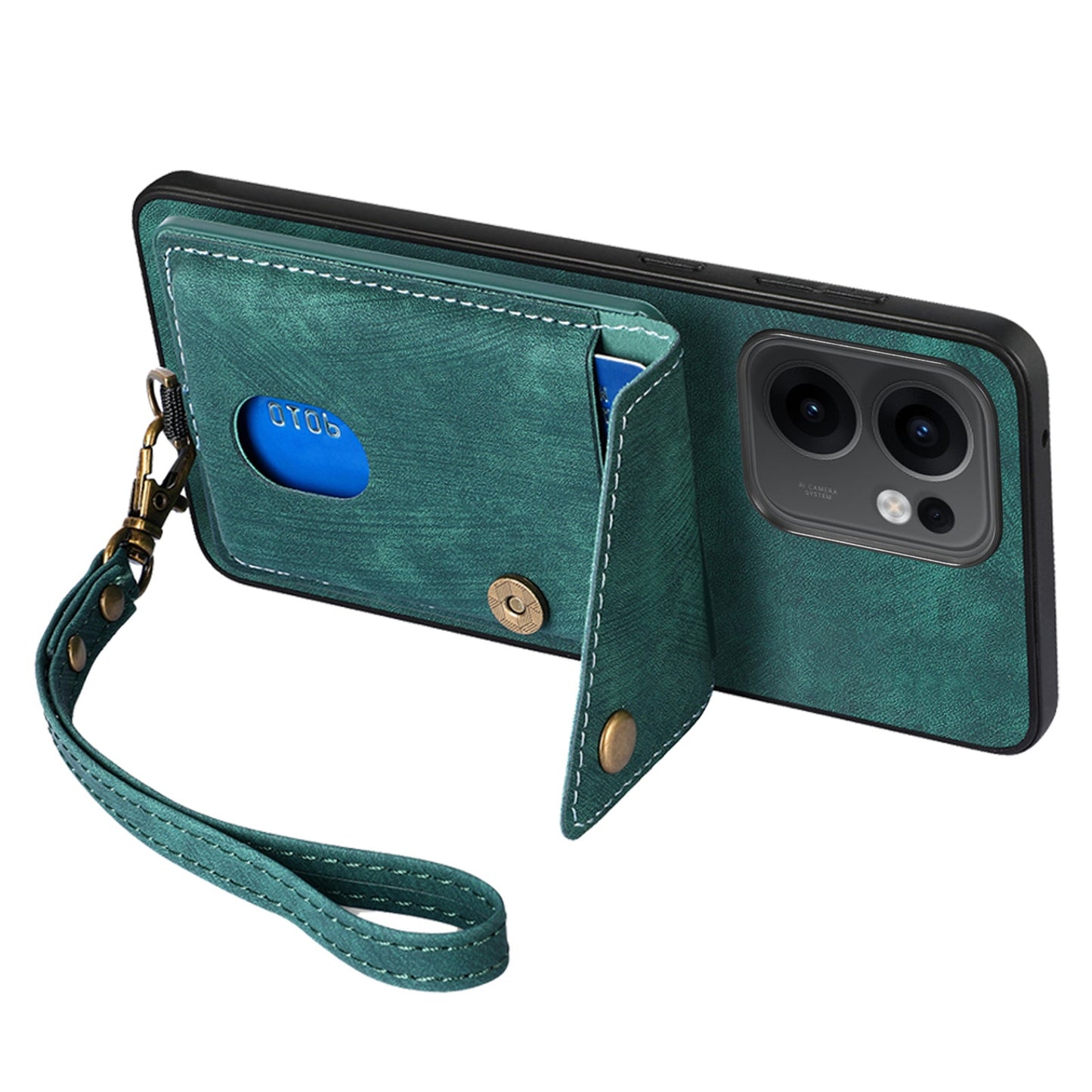For Oppo Reno13 F 5G Case with Card Holder Kickstand Leather Phone Back Cover - Green