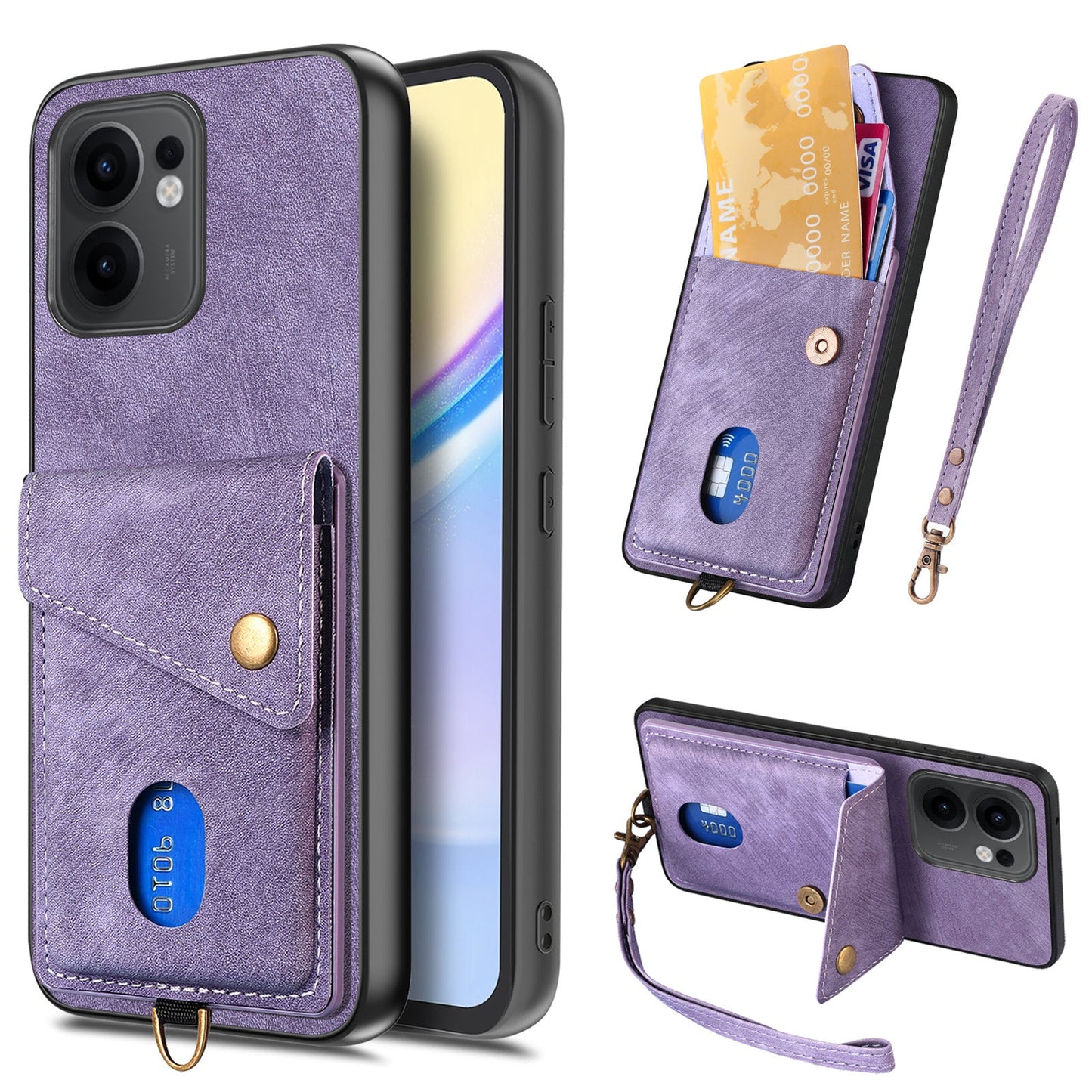 For Oppo Reno13 F 5G Case with Card Holder Kickstand Leather Phone Back Cover - Purple