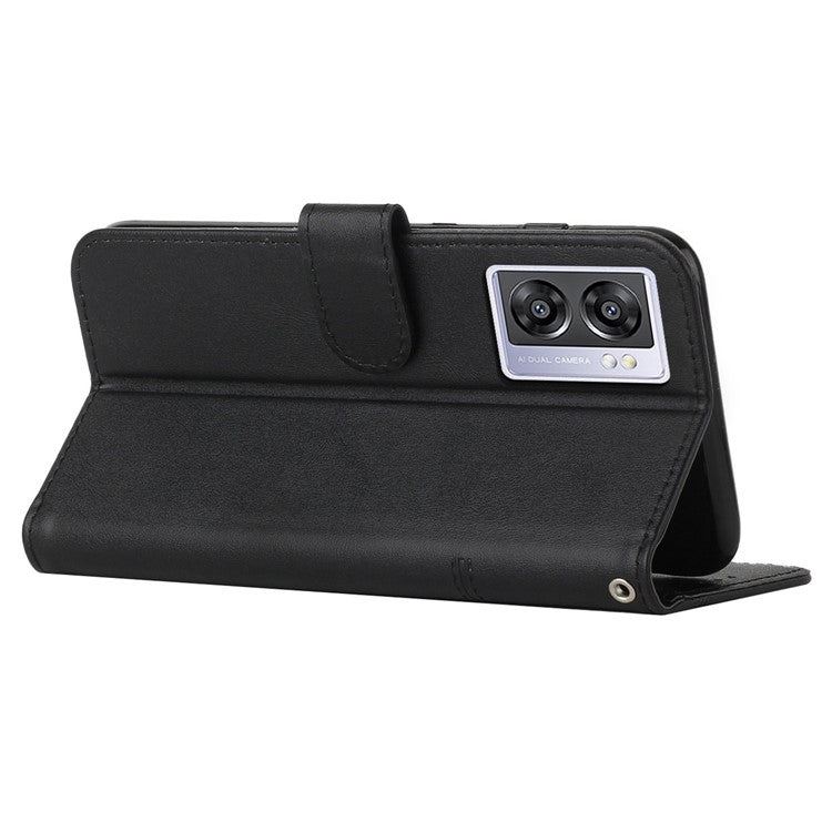 For Oppo A57 (2022) 5G / A77 5G / A77 4G / A57 4G / A57e 4G / A57s 4G / Realme V23 5G / OnePlus Nord N20 SE 4G Wallet Case Stitching PU Leather Stand Magnetic Phone Cover with Strap - Black