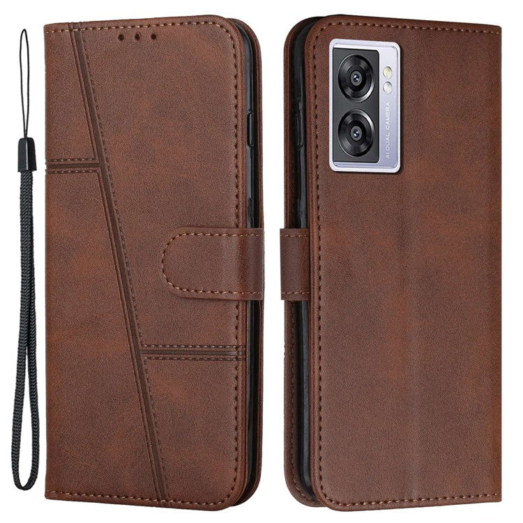 For Oppo A57 (2022) 5G / A77 5G / A77 4G / A57 4G / A57e 4G / A57s 4G / Realme V23 5G / OnePlus Nord N20 SE 4G Wallet Case Stitching PU Leather Stand Magnetic Phone Cover with Strap - Brown