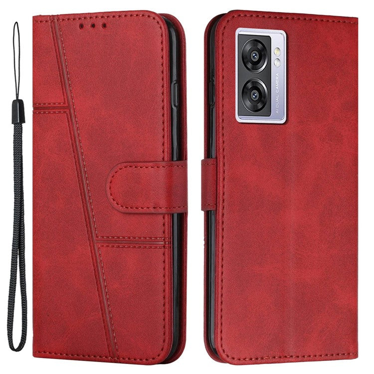For Oppo A57 (2022) 5G / A77 5G / A77 4G / A57 4G / A57e 4G / A57s 4G / Realme V23 5G / OnePlus Nord N20 SE 4G Wallet Case Stitching PU Leather Stand Magnetic Phone Cover with Strap - Red