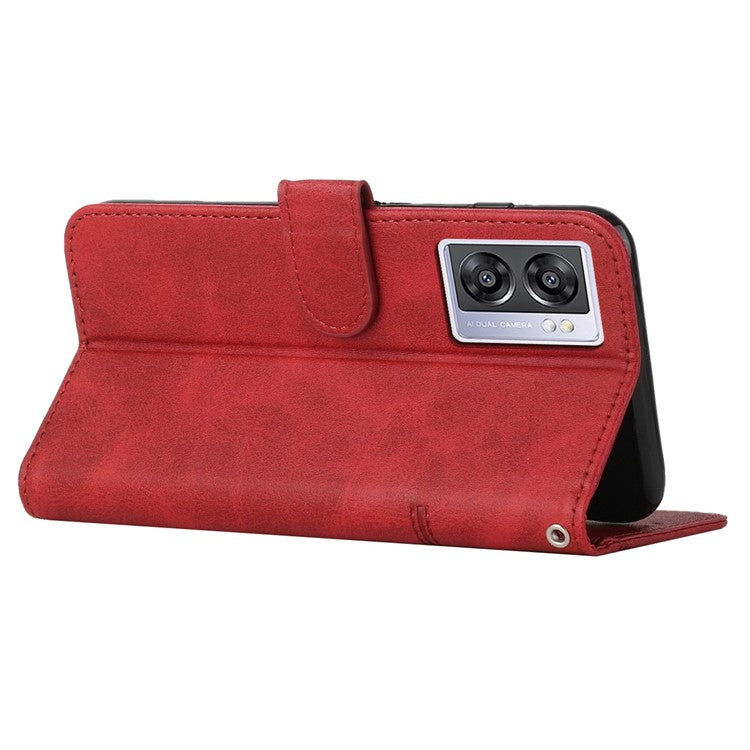 For Oppo A57 (2022) 5G / A77 5G / A77 4G / A57 4G / A57e 4G / A57s 4G / Realme V23 5G / OnePlus Nord N20 SE 4G Wallet Case Stitching PU Leather Stand Magnetic Phone Cover with Strap - Red