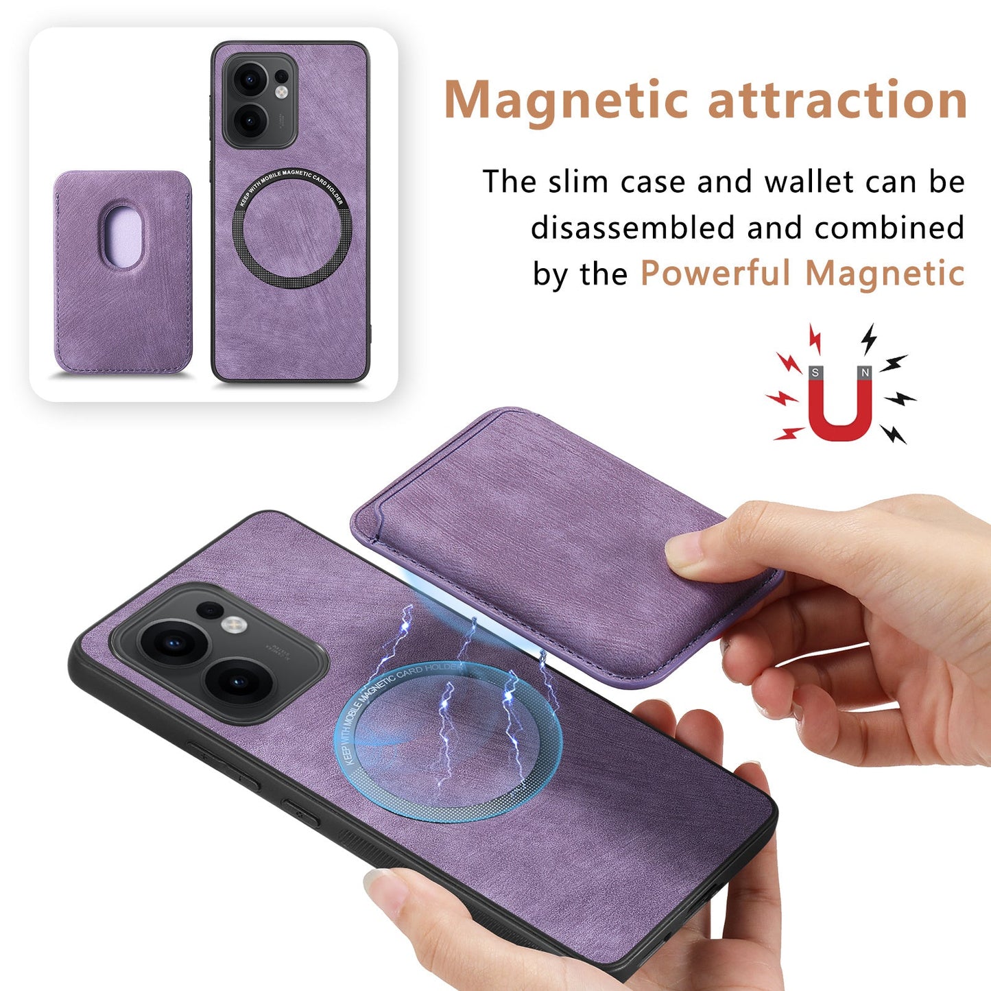 For Oppo Reno13 F 5G Case Compatible with MagSafe Leather Back Cover with Detachable Card Holder - Purple