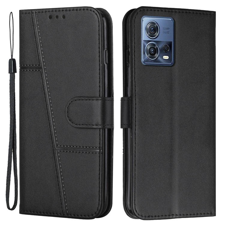 For Motorola Moto S30 Pro 5G / Edge 30 Fusion 5G Wallet Phone Case Stitching PU Leather Stand Feature Flip Cover with Strap - Black