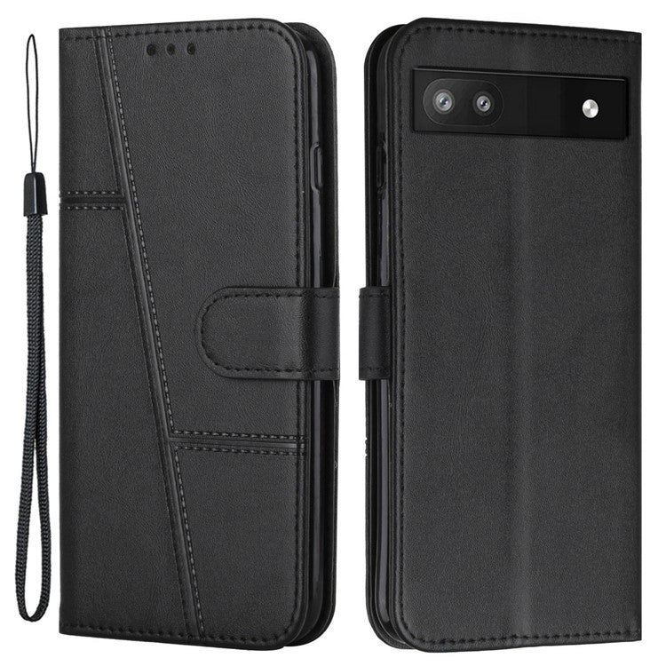 Stitching Phone Case for Google Pixel 6a, Wallet Stand PU Leather Cover Inner TPU Shell with Strap - Black
