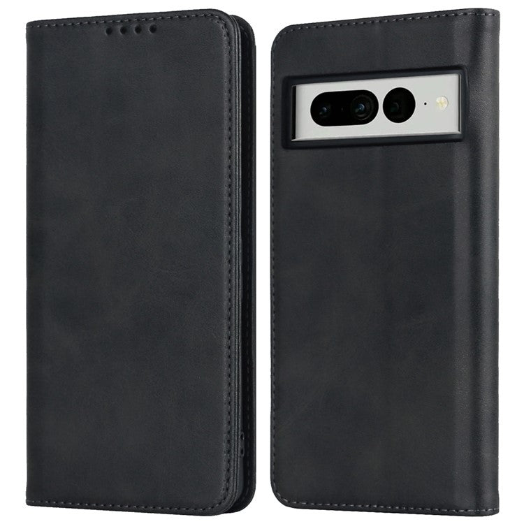 Calf Texture PU Leather Case for Google Pixel 7 Pro 5G, Magnetic Auto Closing Phone Stand Wallet Cover - Black