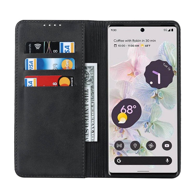Calf Texture PU Leather Case for Google Pixel 7 Pro 5G, Magnetic Auto Closing Phone Stand Wallet Cover - Black
