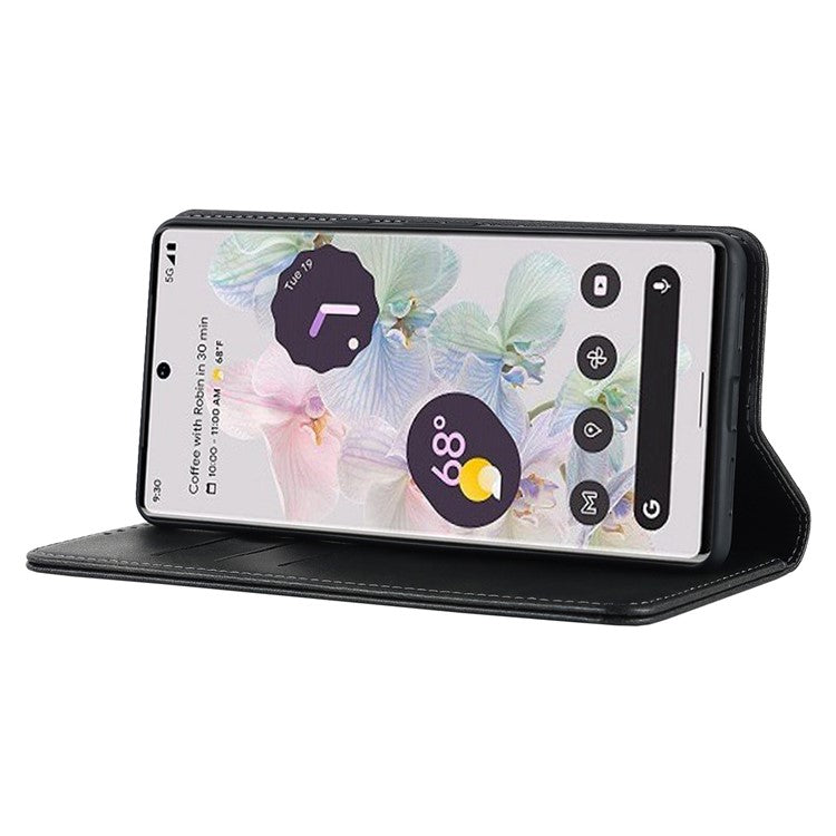 Calf Texture PU Leather Case for Google Pixel 7 Pro 5G, Magnetic Auto Closing Phone Stand Wallet Cover - Black