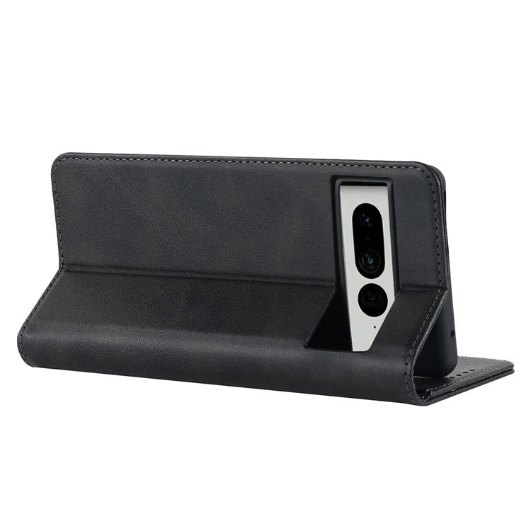 Calf Texture PU Leather Case for Google Pixel 7 Pro 5G, Magnetic Auto Closing Phone Stand Wallet Cover - Black