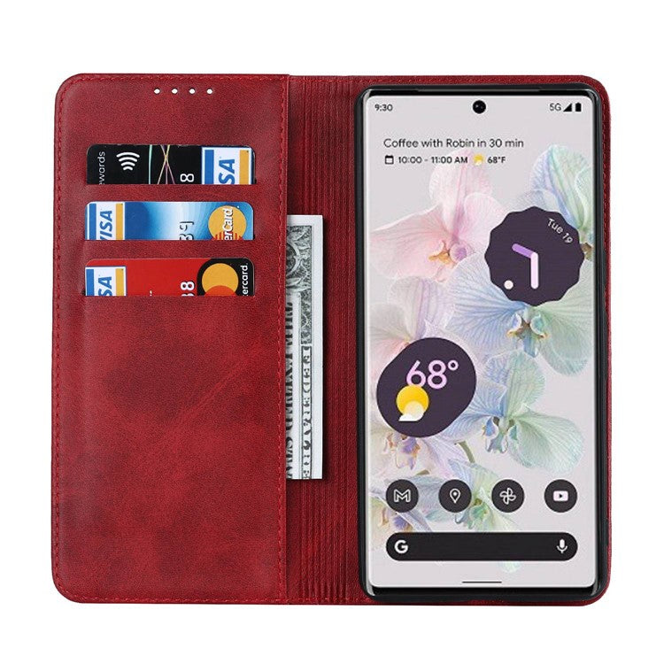 Calf Texture PU Leather Case for Google Pixel 7 Pro 5G, Magnetic Auto Closing Phone Stand Wallet Cover - Red