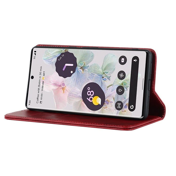 Calf Texture PU Leather Case for Google Pixel 7 Pro 5G, Magnetic Auto Closing Phone Stand Wallet Cover - Red