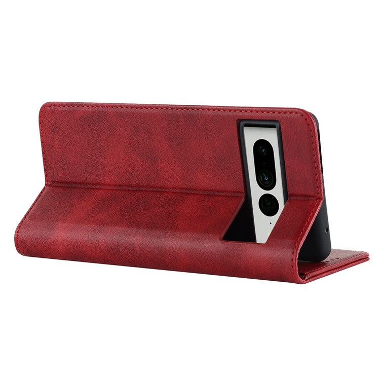 Calf Texture PU Leather Case for Google Pixel 7 Pro 5G, Magnetic Auto Closing Phone Stand Wallet Cover - Red