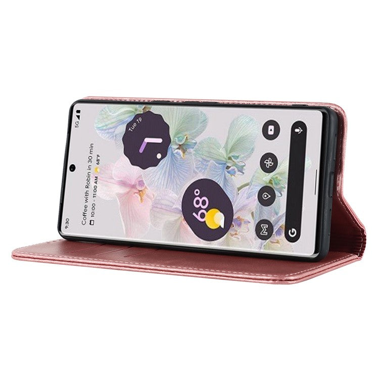 Calf Texture PU Leather Case for Google Pixel 7 Pro 5G, Magnetic Auto Closing Phone Stand Wallet Cover - Rose Gold