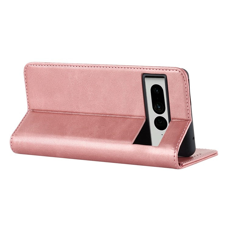Calf Texture PU Leather Case for Google Pixel 7 Pro 5G, Magnetic Auto Closing Phone Stand Wallet Cover - Rose Gold