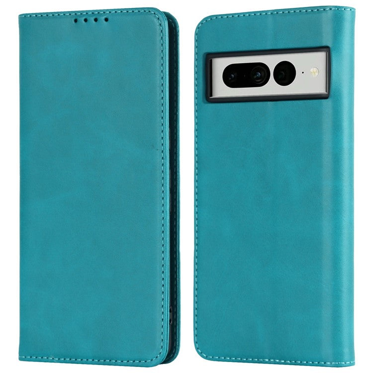 Calf Texture PU Leather Case for Google Pixel 7 Pro 5G, Magnetic Auto Closing Phone Stand Wallet Cover - Sky Blue