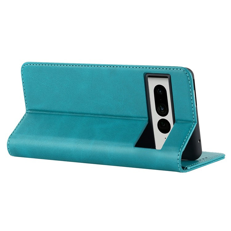 Calf Texture PU Leather Case for Google Pixel 7 Pro 5G, Magnetic Auto Closing Phone Stand Wallet Cover - Sky Blue