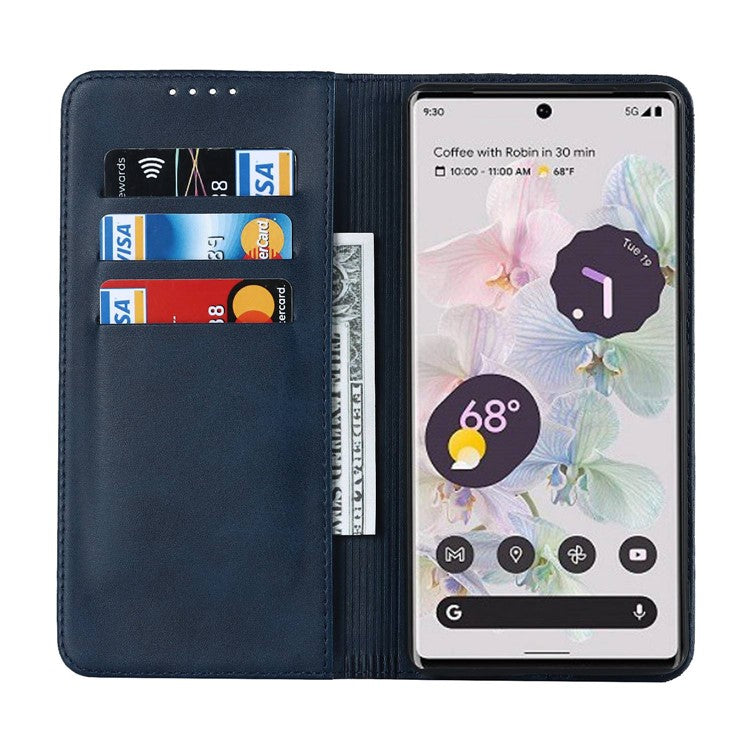 Calf Texture PU Leather Case for Google Pixel 7 Pro 5G, Magnetic Auto Closing Phone Stand Wallet Cover - Dark Blue