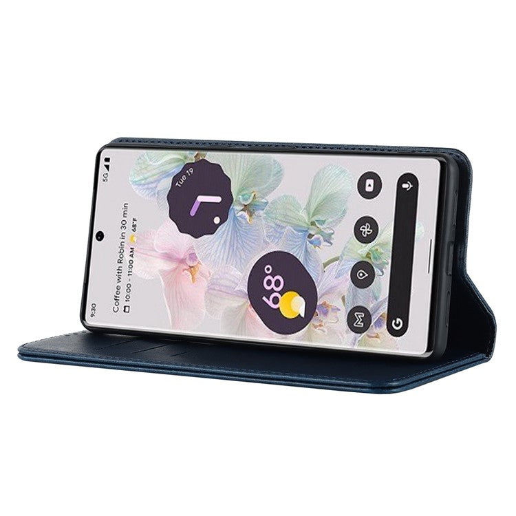 Calf Texture PU Leather Case for Google Pixel 7 Pro 5G, Magnetic Auto Closing Phone Stand Wallet Cover - Dark Blue