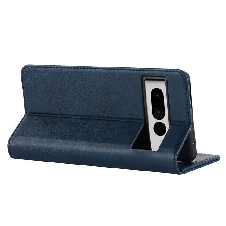 Calf Texture PU Leather Case for Google Pixel 7 Pro 5G, Magnetic Auto Closing Phone Stand Wallet Cover - Dark Blue
