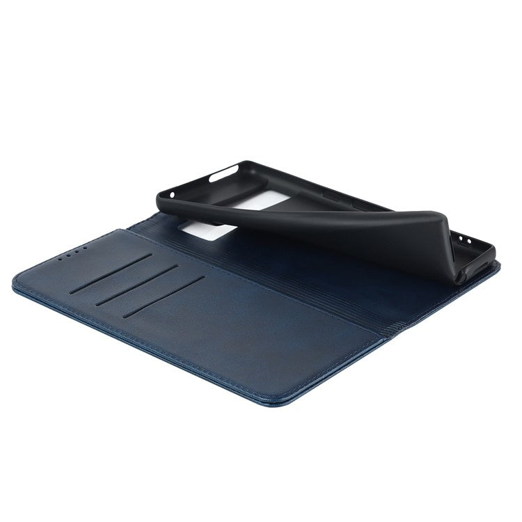 Calf Texture PU Leather Case for Google Pixel 7 Pro 5G, Magnetic Auto Closing Phone Stand Wallet Cover - Dark Blue