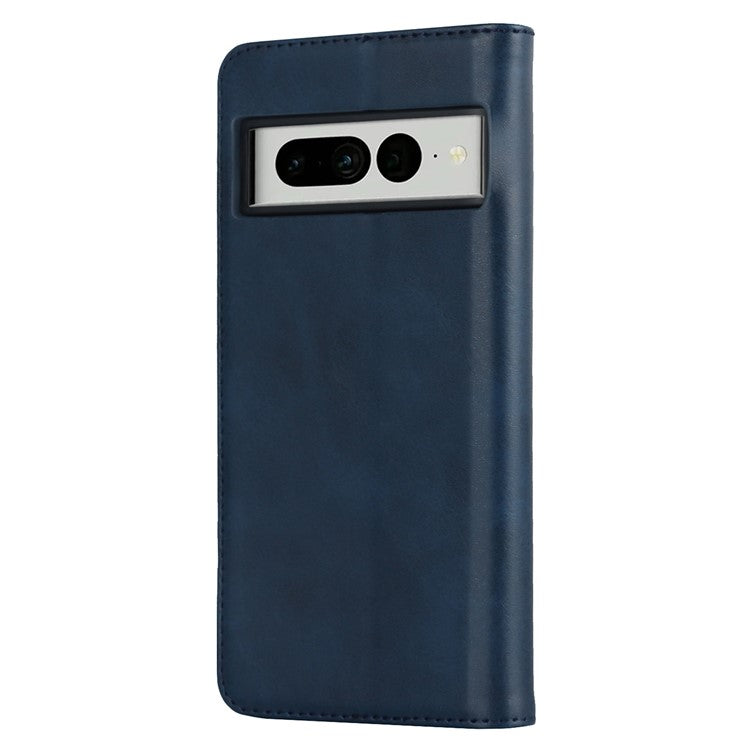 Calf Texture PU Leather Case for Google Pixel 7 Pro 5G, Magnetic Auto Closing Phone Stand Wallet Cover - Dark Blue