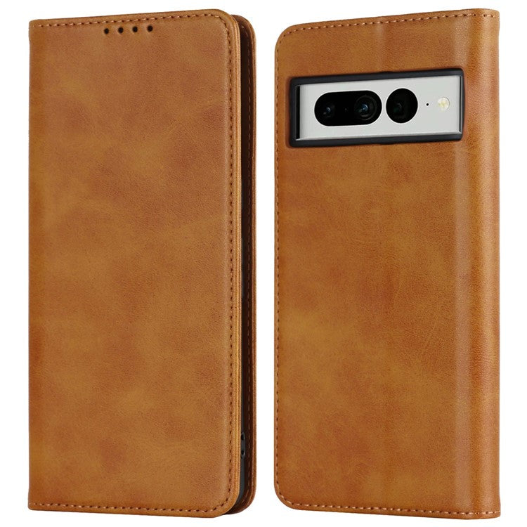 Calf Texture PU Leather Case for Google Pixel 7 Pro 5G, Magnetic Auto Closing Phone Stand Wallet Cover - Light Brown