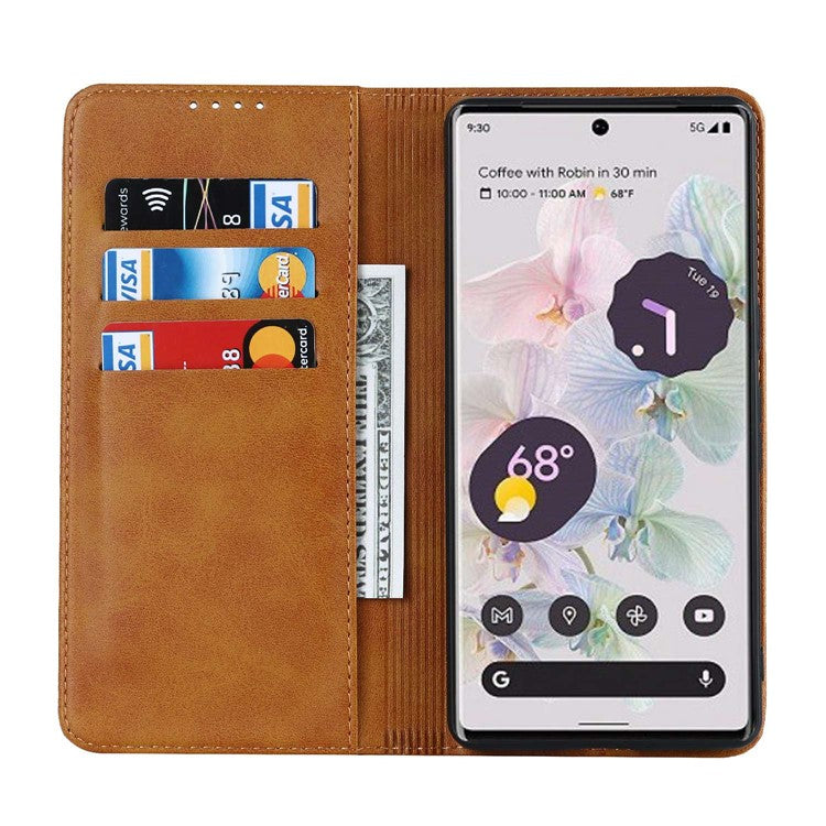 Calf Texture PU Leather Case for Google Pixel 7 Pro 5G, Magnetic Auto Closing Phone Stand Wallet Cover - Light Brown