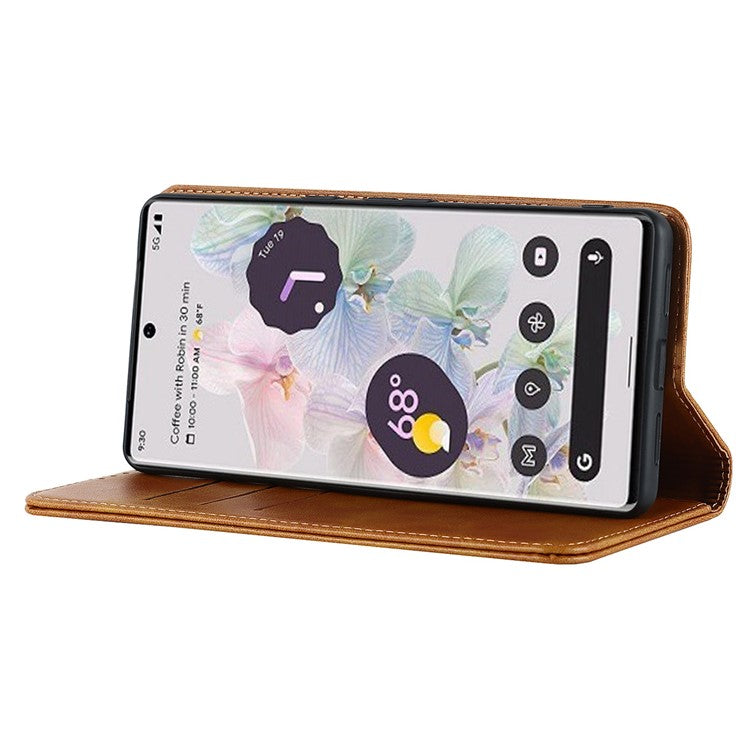 Calf Texture PU Leather Case for Google Pixel 7 Pro 5G, Magnetic Auto Closing Phone Stand Wallet Cover - Light Brown