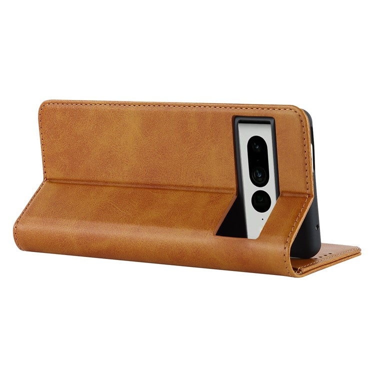 Calf Texture PU Leather Case for Google Pixel 7 Pro 5G, Magnetic Auto Closing Phone Stand Wallet Cover - Light Brown