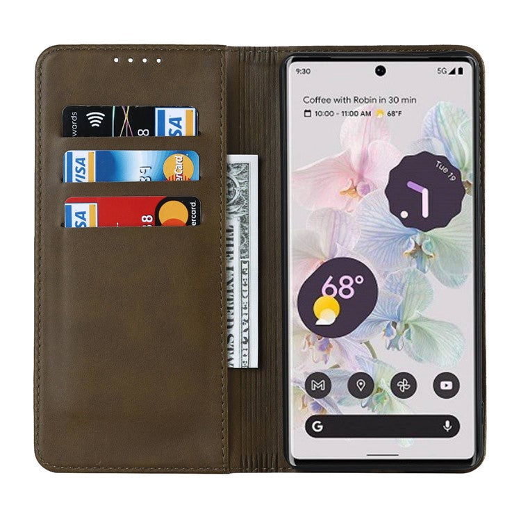 Calf Texture PU Leather Case for Google Pixel 7 Pro 5G, Magnetic Auto Closing Phone Stand Wallet Cover - Dark Green