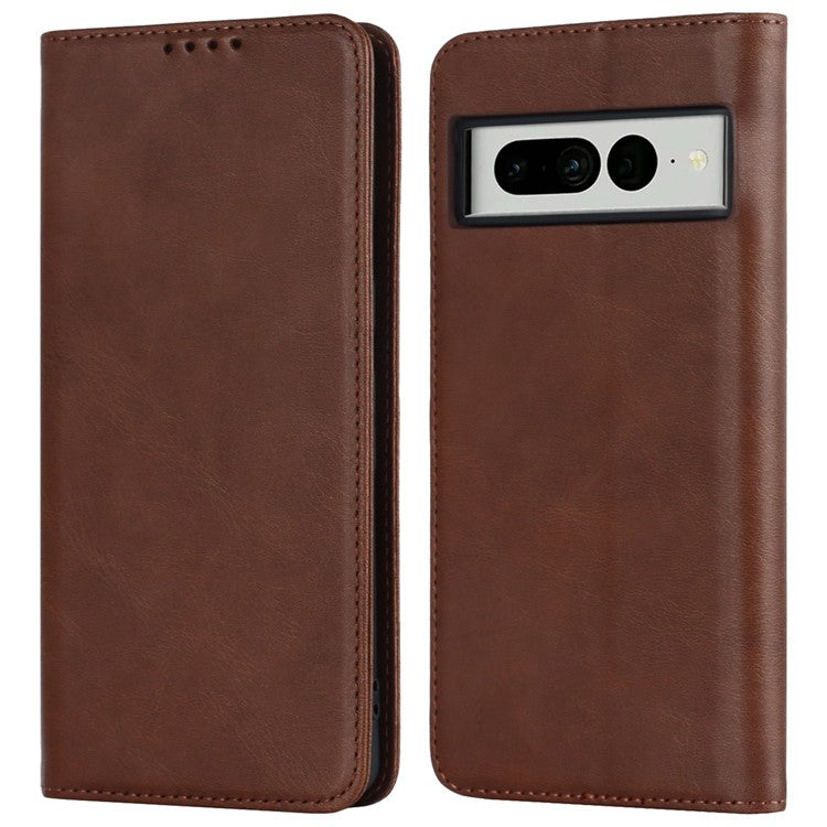 Calf Texture PU Leather Case for Google Pixel 7 Pro 5G, Magnetic Auto Closing Phone Stand Wallet Cover - Dark Brown