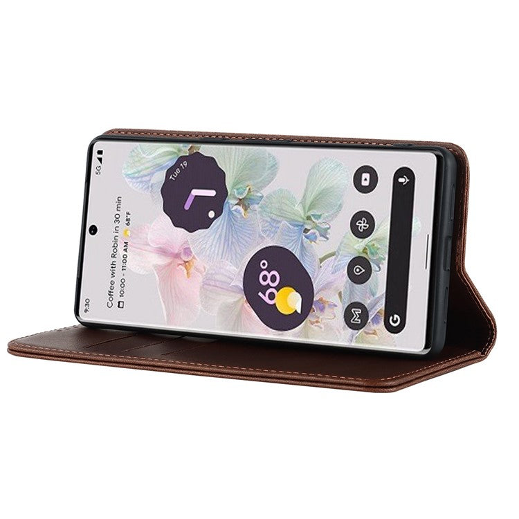 Calf Texture PU Leather Case for Google Pixel 7 Pro 5G, Magnetic Auto Closing Phone Stand Wallet Cover - Dark Brown