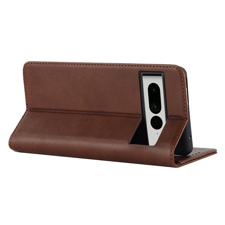 Calf Texture PU Leather Case for Google Pixel 7 Pro 5G, Magnetic Auto Closing Phone Stand Wallet Cover - Dark Brown