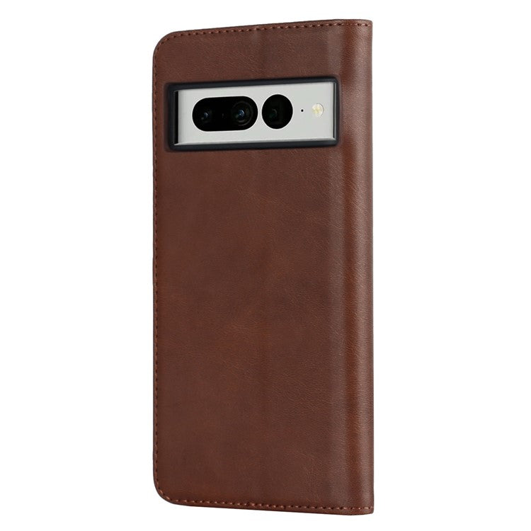 Calf Texture PU Leather Case for Google Pixel 7 Pro 5G, Magnetic Auto Closing Phone Stand Wallet Cover - Dark Brown
