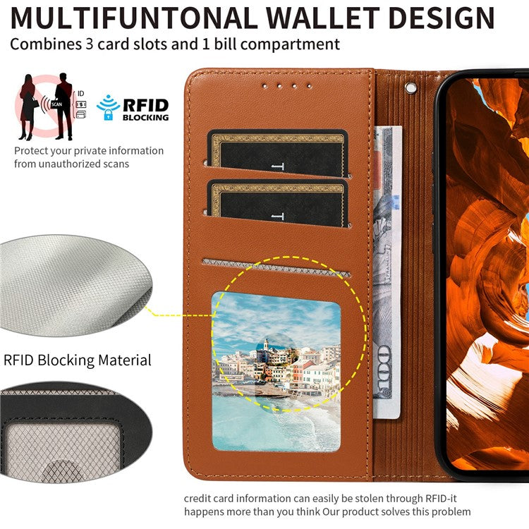 For Oppo Reno13 5G (Global) Case RFID Blocking Leather Wallet Flip Phone Cover with Wrist Strap - Light Brown
