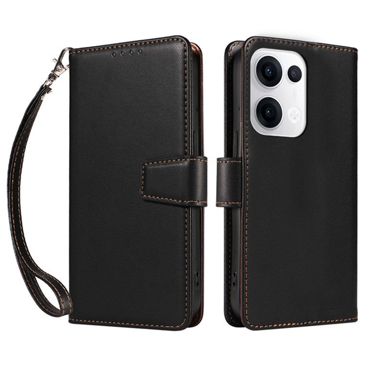 For Oppo Reno13 5G (Global) Case RFID Blocking Leather Wallet Flip Phone Cover with Wrist Strap - Black
