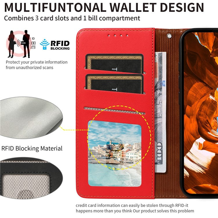 For Oppo Reno13 F 5G Case RFID Blocking Leather Wallet Flip Phone Cover with Wrist Strap - Red