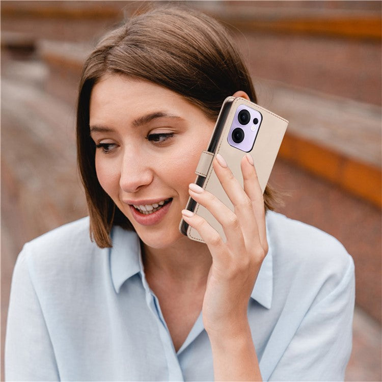 For Oppo Reno13 F 5G Case RFID Blocking Leather Wallet Flip Phone Cover with Wrist Strap - Apricot