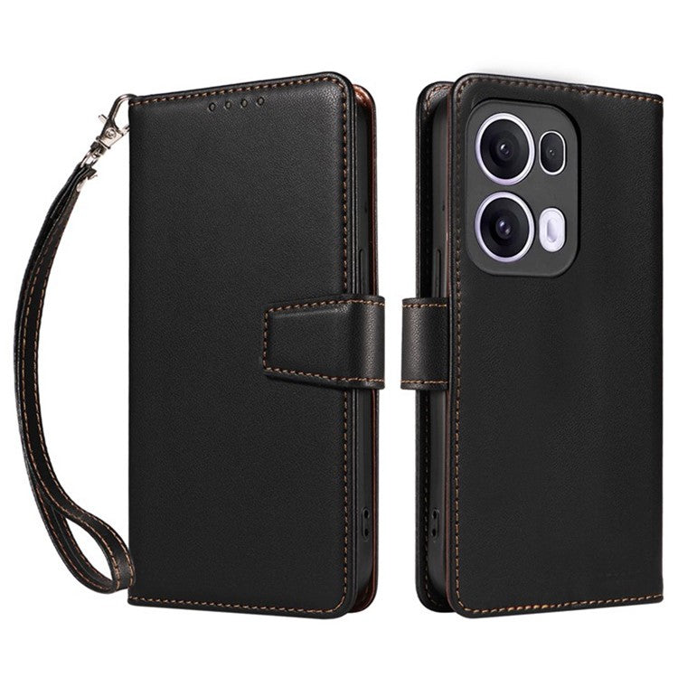 For Oppo Reno13 Pro 5G Case RFID Blocking Leather Wallet Flip Phone Cover with Wrist Strap - Black