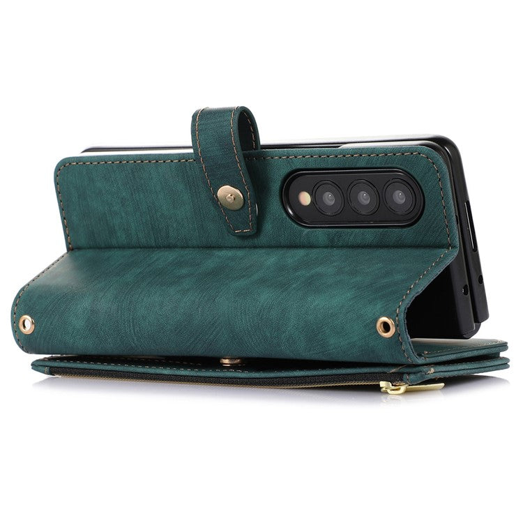 For Samsung Galaxy Z Fold4 5G Zipper Pocket PU Leather Cover Stand Multiple Card Slots Phone Case - Blue