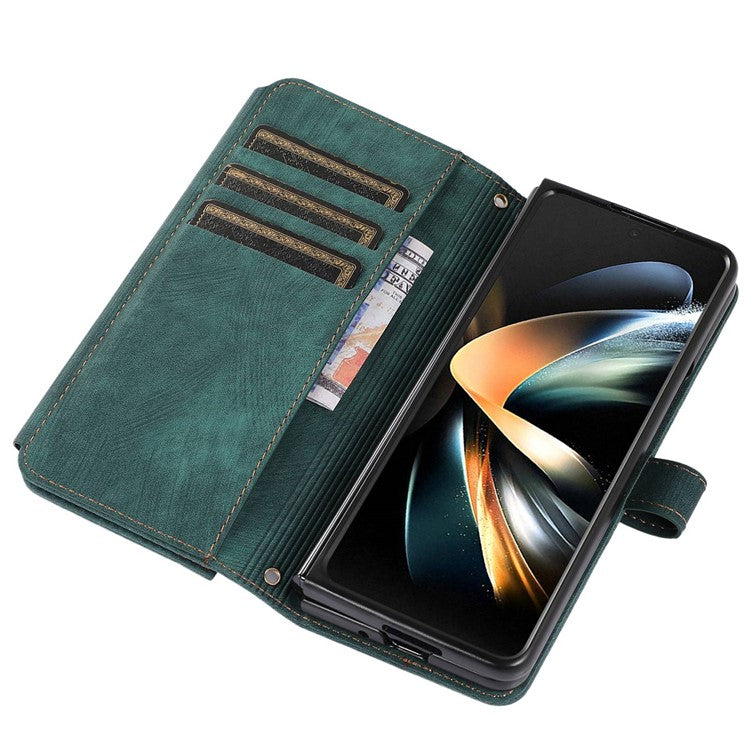 For Samsung Galaxy Z Fold4 5G Zipper Pocket PU Leather Cover Stand Multiple Card Slots Phone Case - Blue