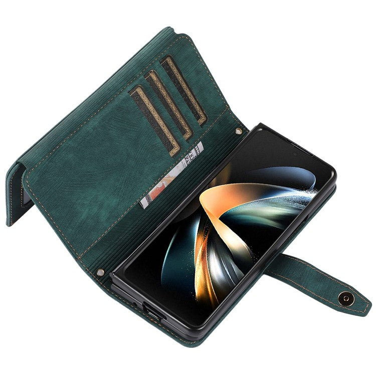 For Samsung Galaxy Z Fold4 5G Zipper Pocket PU Leather Cover Stand Multiple Card Slots Phone Case - Blue