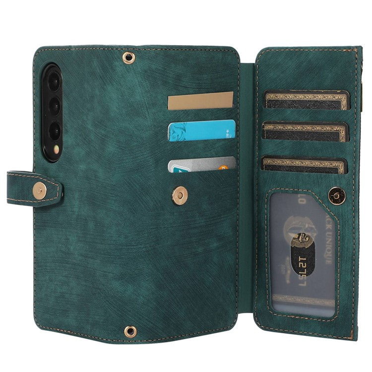 For Samsung Galaxy Z Fold4 5G Zipper Pocket PU Leather Cover Stand Multiple Card Slots Phone Case - Blue