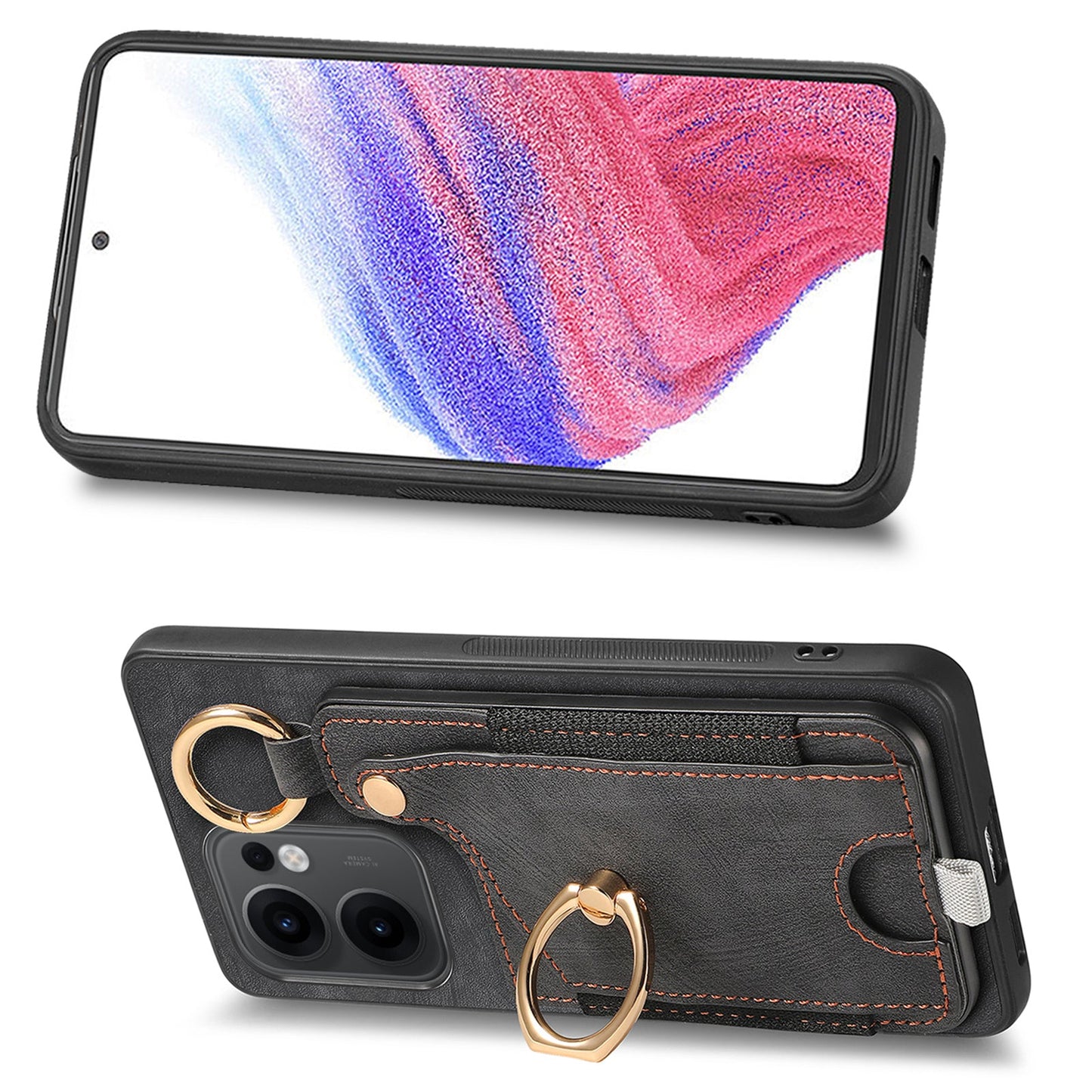 For Oppo Reno13 F 5G Retro Leather Phone Back Cover with Card Slots and Ring Holder - Black
