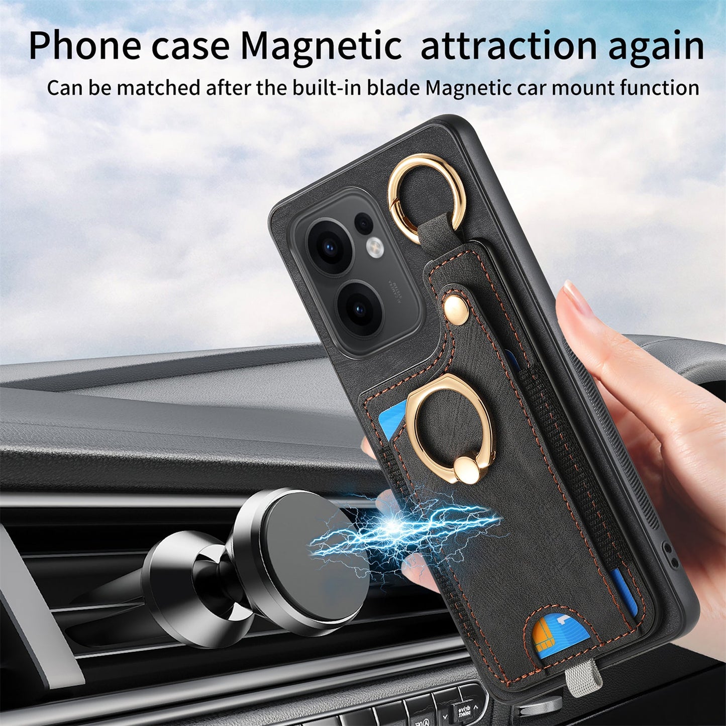 For Oppo Reno13 F 5G Retro Leather Phone Back Cover with Card Slots and Ring Holder - Black