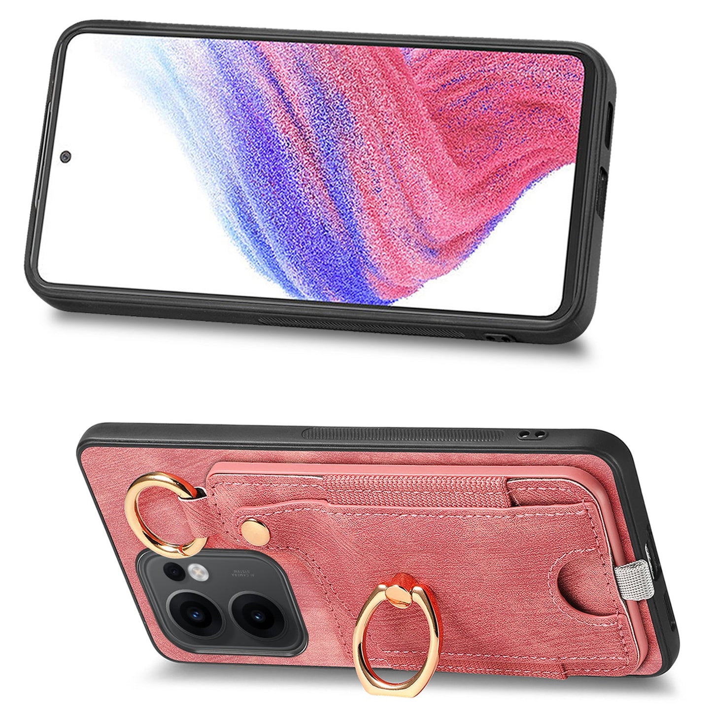 For Oppo Reno13 F 5G Retro Leather Phone Back Cover with Card Slots and Ring Holder - Pink