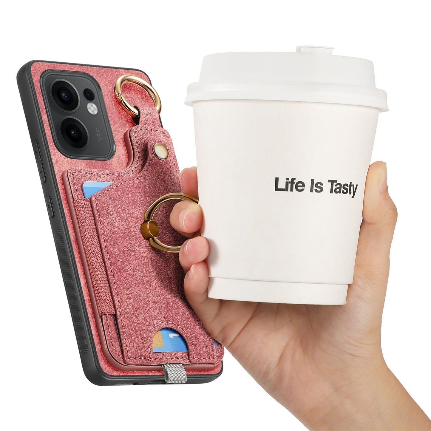 For Oppo Reno13 F 5G Retro Leather Phone Back Cover with Card Slots and Ring Holder - Pink