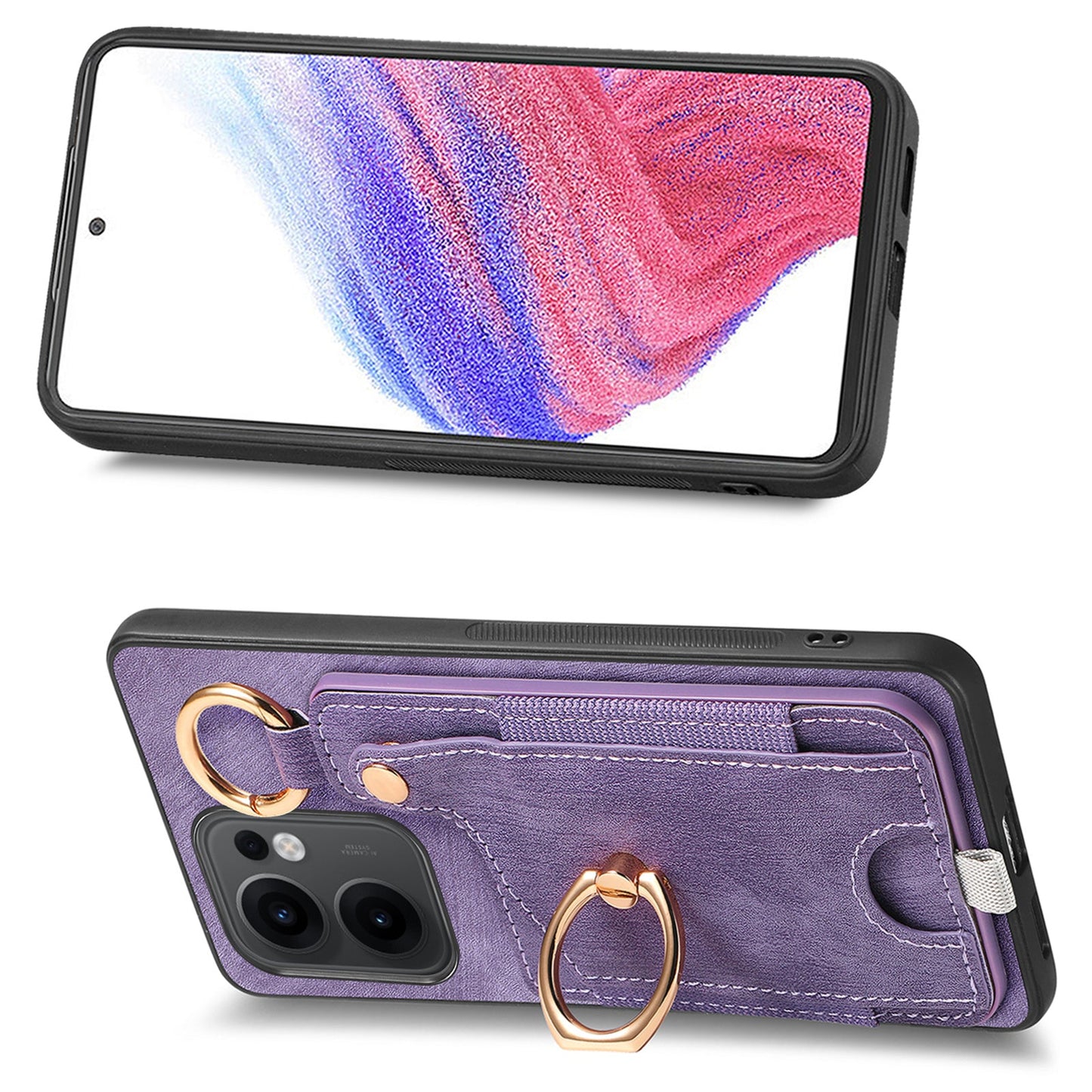 For Oppo Reno13 F 5G Retro Leather Phone Back Cover with Card Slots and Ring Holder - Purple